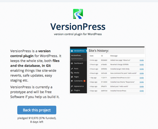 VersionPressのサイトには開発中のキャプチャが。リビジョンのIDとコメント、"Undo" リンクに注目。